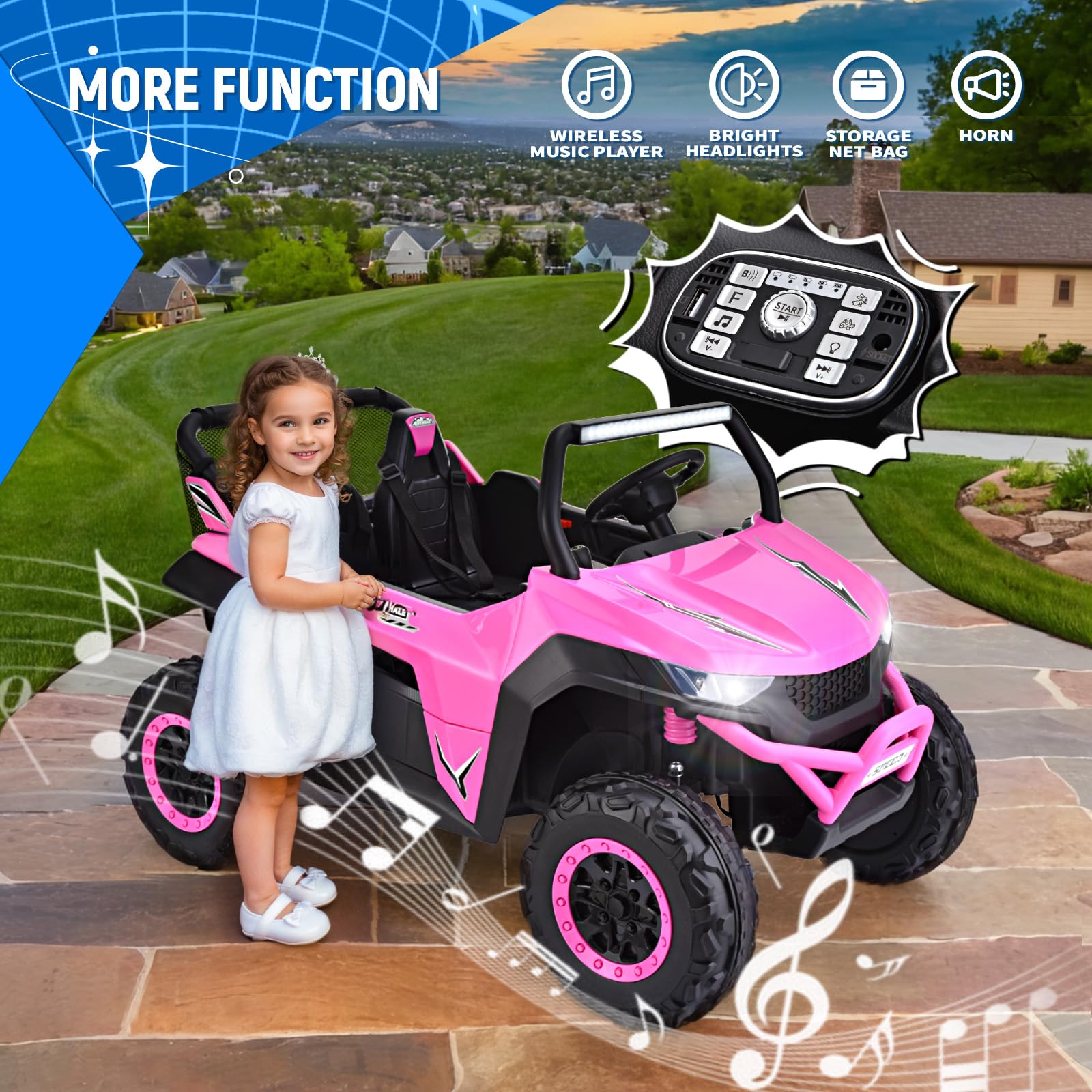 Joywhale 24V 2 Seater Kids Ride on UTV Car Powerful Electric Vehicle, with 4x75W Strong Motors, Big Battery, Easy-Drag System, 2.4G Remote Control, Soft Braking, Spring Suspension, Music, BW-U20