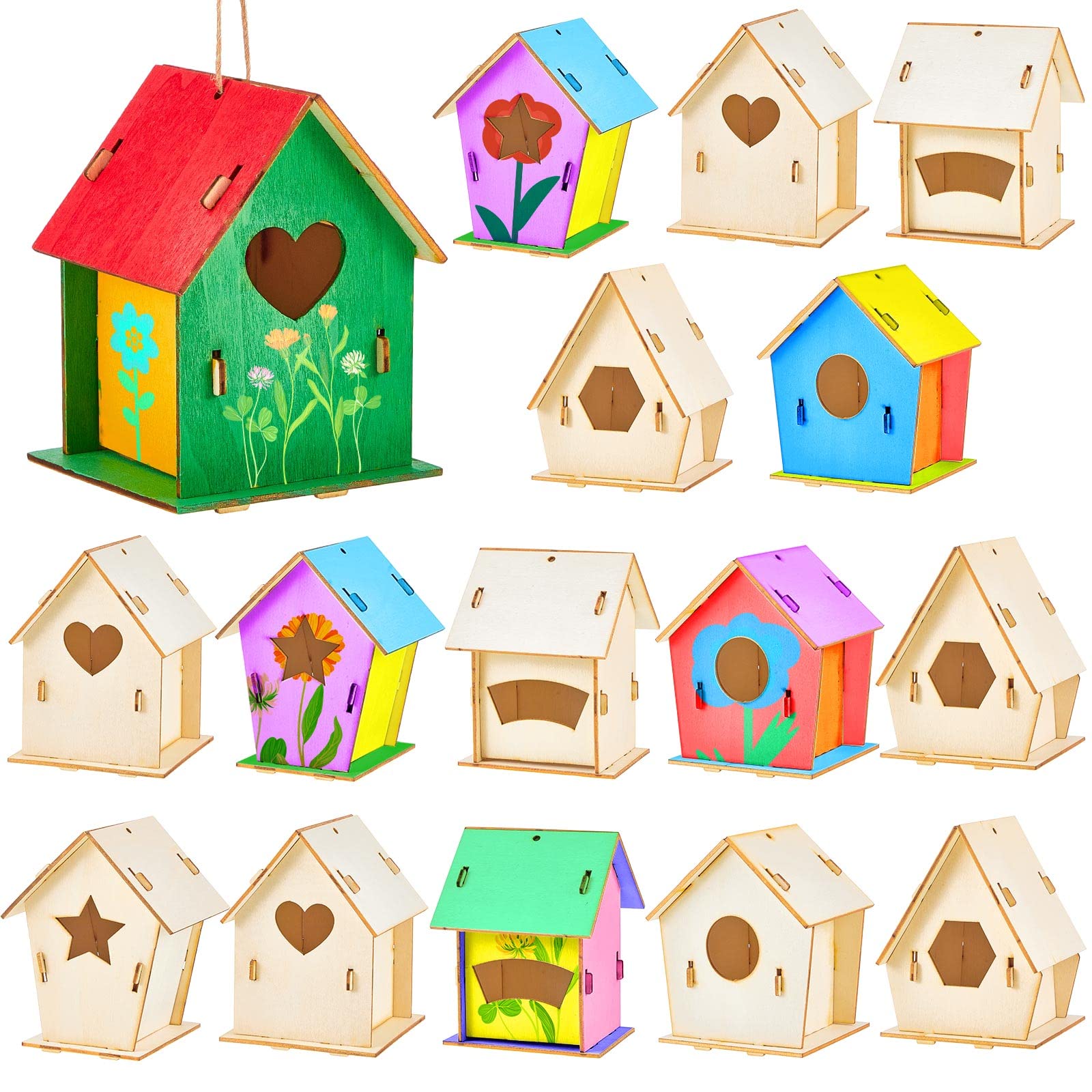 Juexica 15 Pcs 4" Wooden Birdhouses, Unfinished Wood Bird Houses Kits Arts and Spring Crafts Kids Wooden Bird Houses Bulk for Children to Build and Paint DIY Craft (Modern)