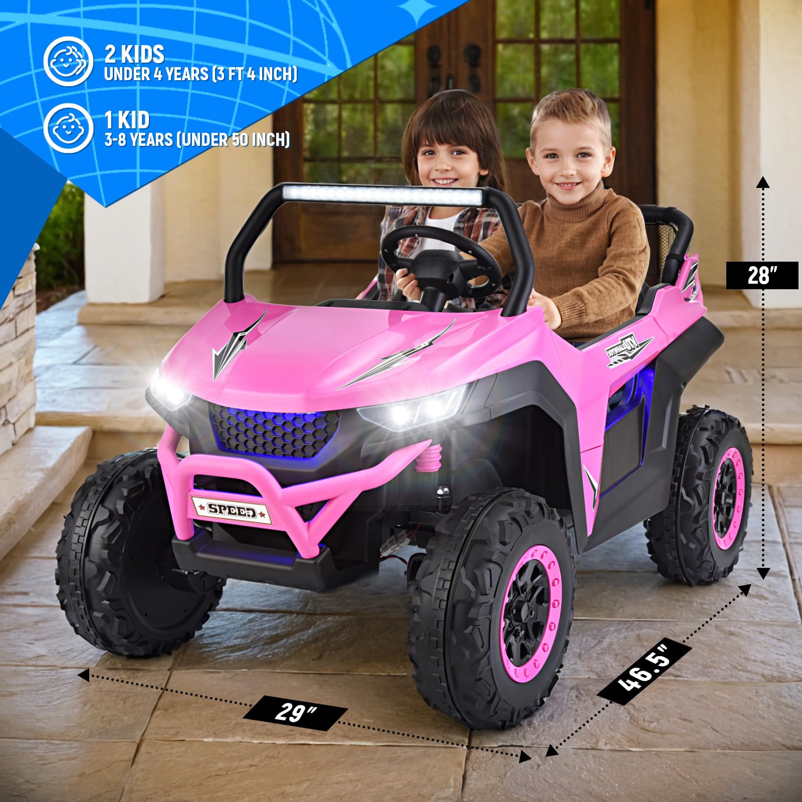 Joywhale 24V 2 Seater Kids Ride on UTV Car Powerful Electric Vehicle, with 4x75W Strong Motors, Big Battery, Easy-Drag System, 2.4G Remote Control, Soft Braking, Spring Suspension, Music, BW-U20