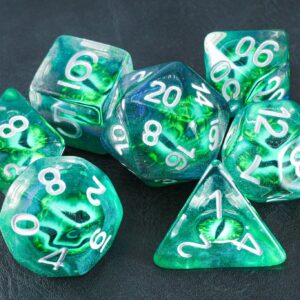 Sea Green Dragon Eye DND Dice Set for Dungeons and Dragons Gifts, D&D, D and D, Pathfinder, Accessories, D20, Polyhedral, Resin Dice, Metal, Dice Tray, Tower, Bag, Box