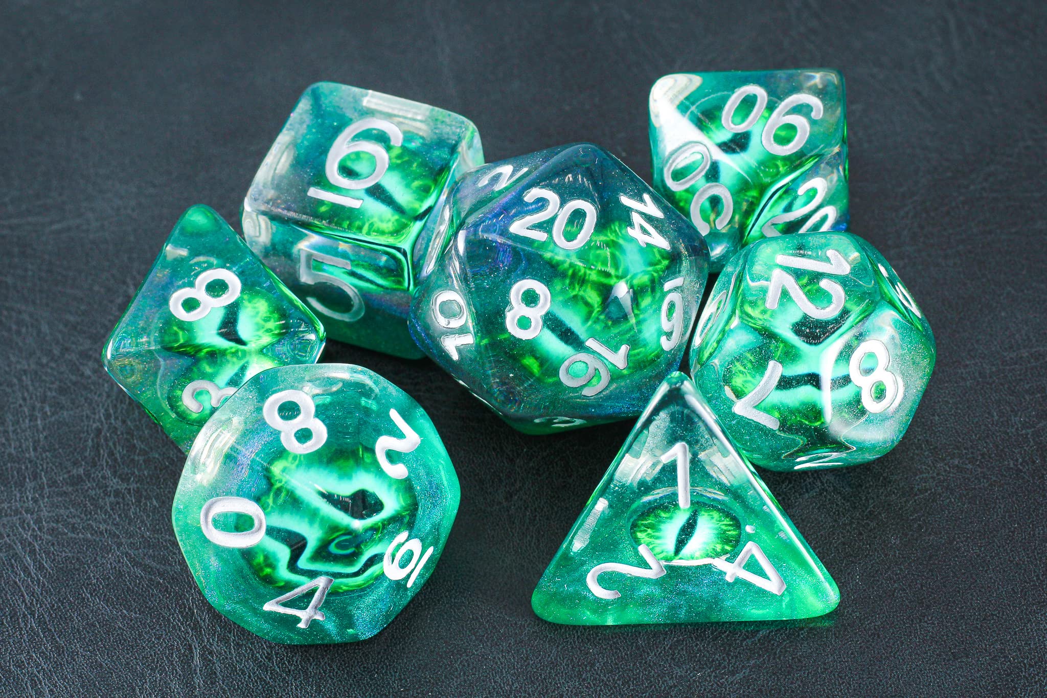 Sea Green Dragon Eye DND Dice Set for Dungeons and Dragons Gifts, D&D, D and D, Pathfinder, Accessories, D20, Polyhedral, Resin Dice, Metal, Dice Tray, Tower, Bag, Box