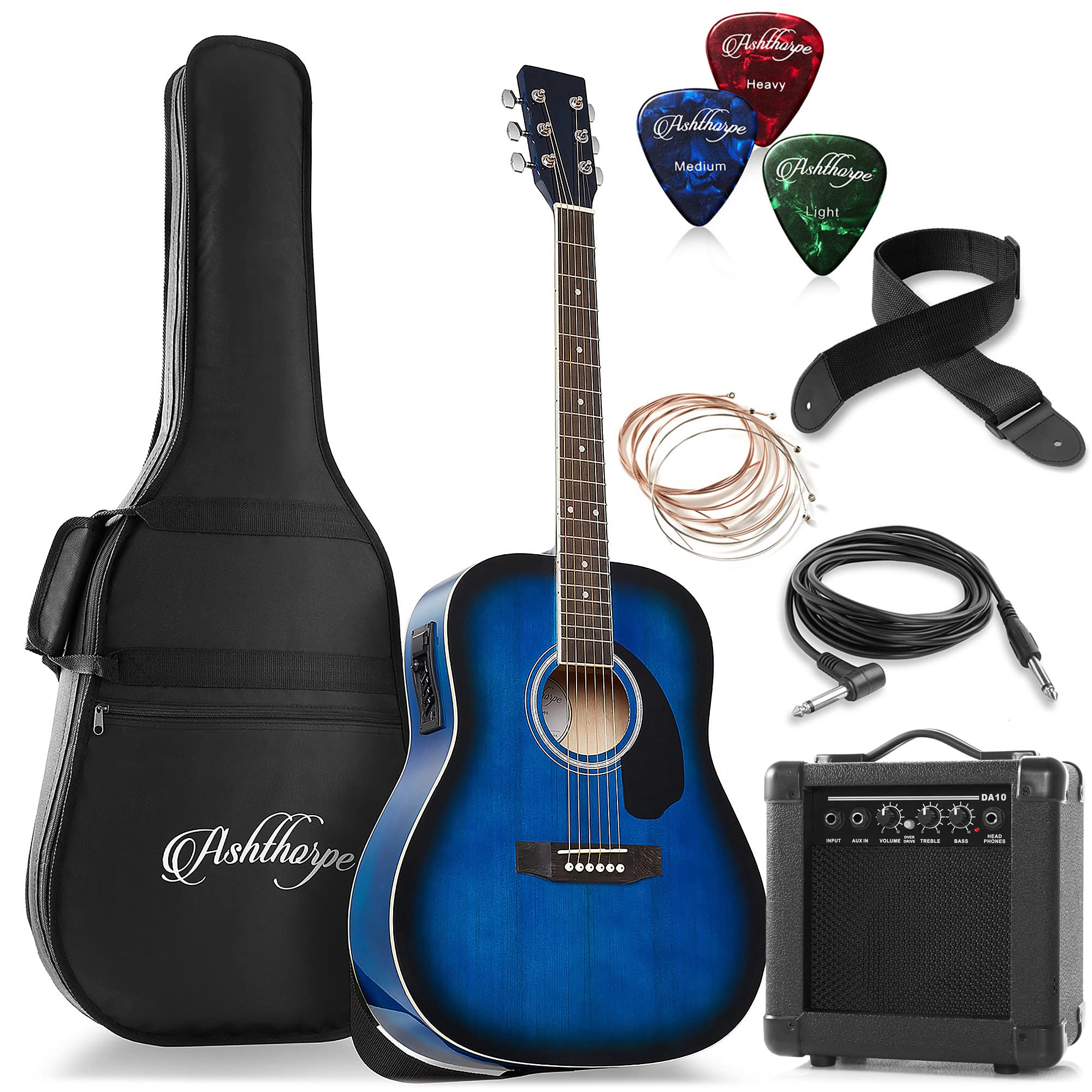 Ashthorpe Full-Size Dreadnought Acoustic Electric Guitar Package with 10 Watt Amp - Blue