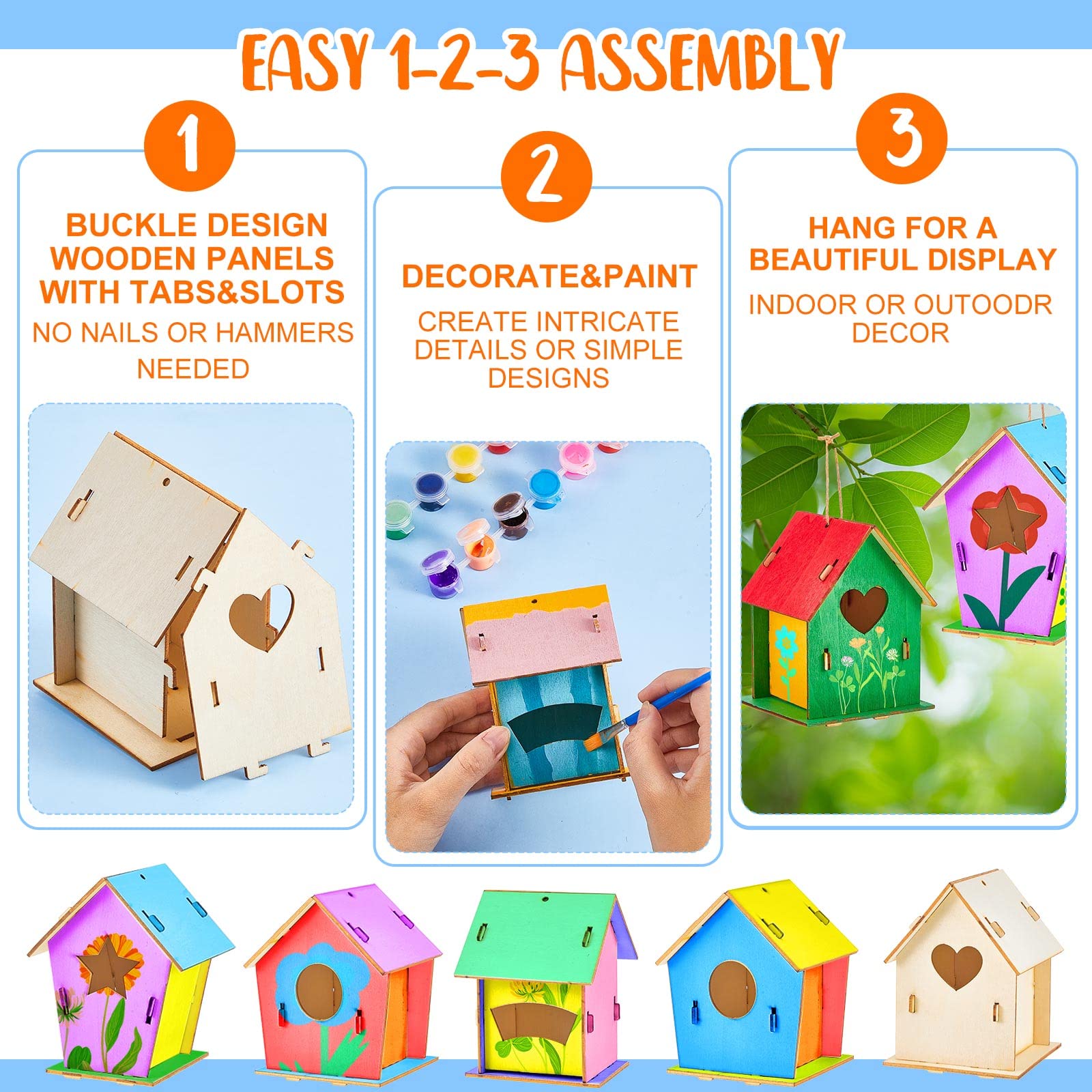 Juexica 15 Pcs 4" Wooden Birdhouses, Unfinished Wood Bird Houses Kits Arts and Spring Crafts Kids Wooden Bird Houses Bulk for Children to Build and Paint DIY Craft (Modern)