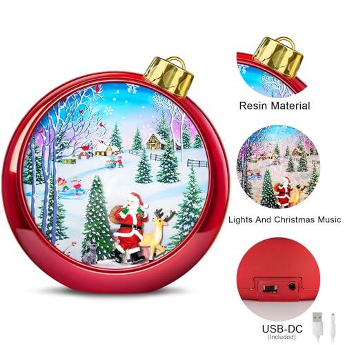 Large Size Christmas Snow Globes Lighted Up,6H Timer Glitter Snow Globes Christmas with Music Box 8 Songs, Red Round Lantern with Xmas Tree