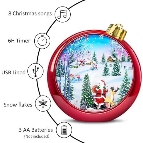 Large Size Christmas Snow Globes Lighted Up,6H Timer Glitter Snow Globes Christmas with Music Box 8 Songs, Red Round Lantern with Xmas Tree