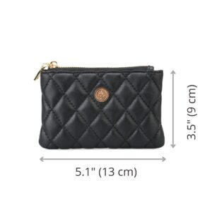 PEONY SUPREME Luxury Black Quilted Leather Coin Purse Card Holder Wallet Credit Small Compact Business with Keyring Gift for Women Girl