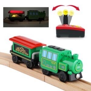 HANQIAN Battery Operated Locomotive Train Set for Wooden Train Track Electric Remote Control Magnetic Train Vehicles Toy Powerful Engine Light Train Cars Toy Sets for Kids Toddler Gift