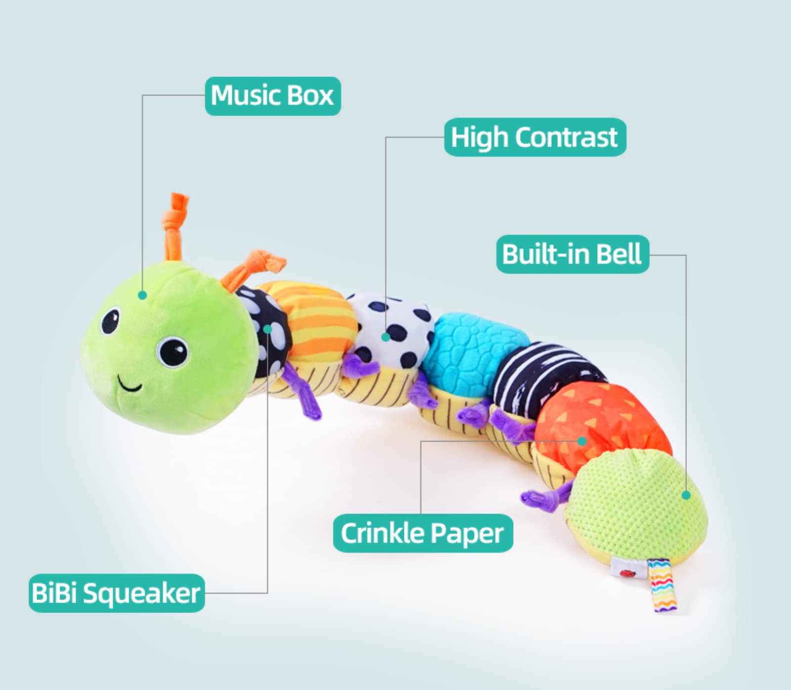 Baby Toys 6 to 12 Months, Musical Caterpillar Infant Toys, Infant Toys Stuffed Animal Toys with Ruler Design and Ring Bell, Crinkle, Rattle, Tummy time Toys for Newborn Boys Girls 0 3 6 9 12 Months