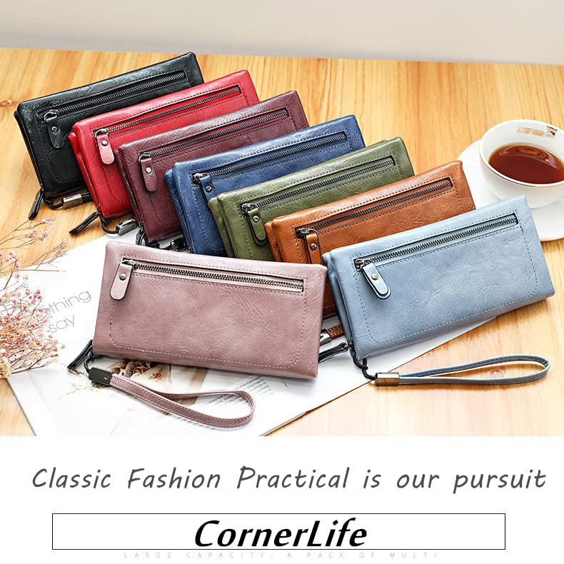 CornerLife Women Zipper Wallets with Wristlet Large Capacity Long Wallet Clutch Checkbook Purse Wallet Oil Wax PU Leather Ladies Wallets (Black)