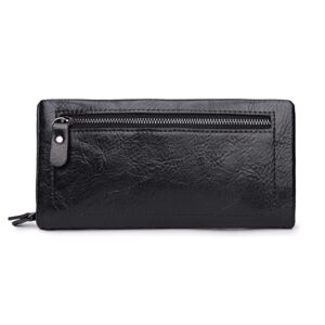 CornerLife Women Zipper Wallets with Wristlet Large Capacity Long Wallet Clutch Checkbook Purse Wallet Oil Wax PU Leather Ladies Wallets (Black)