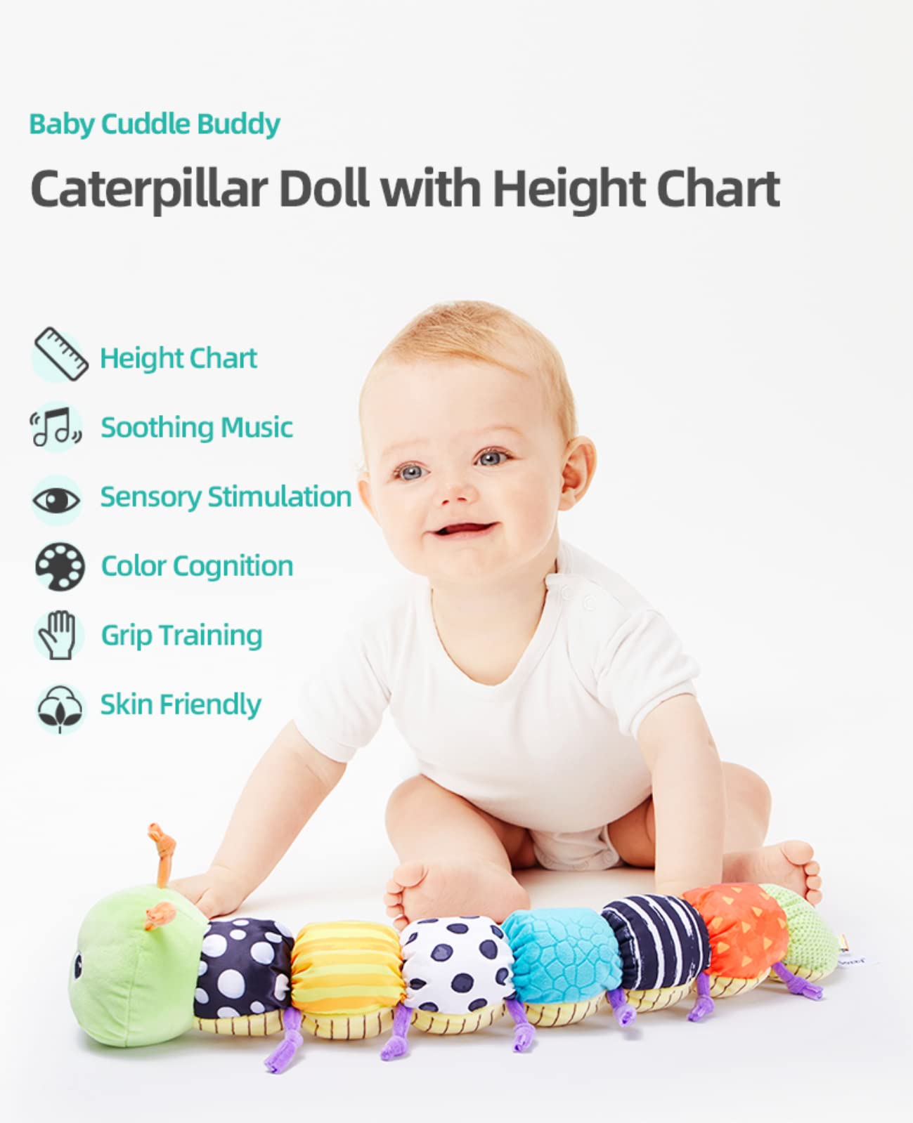 Baby Toys 6 to 12 Months, Musical Caterpillar Infant Toys, Infant Toys Stuffed Animal Toys with Ruler Design and Ring Bell, Crinkle, Rattle, Tummy time Toys for Newborn Boys Girls 0 3 6 9 12 Months