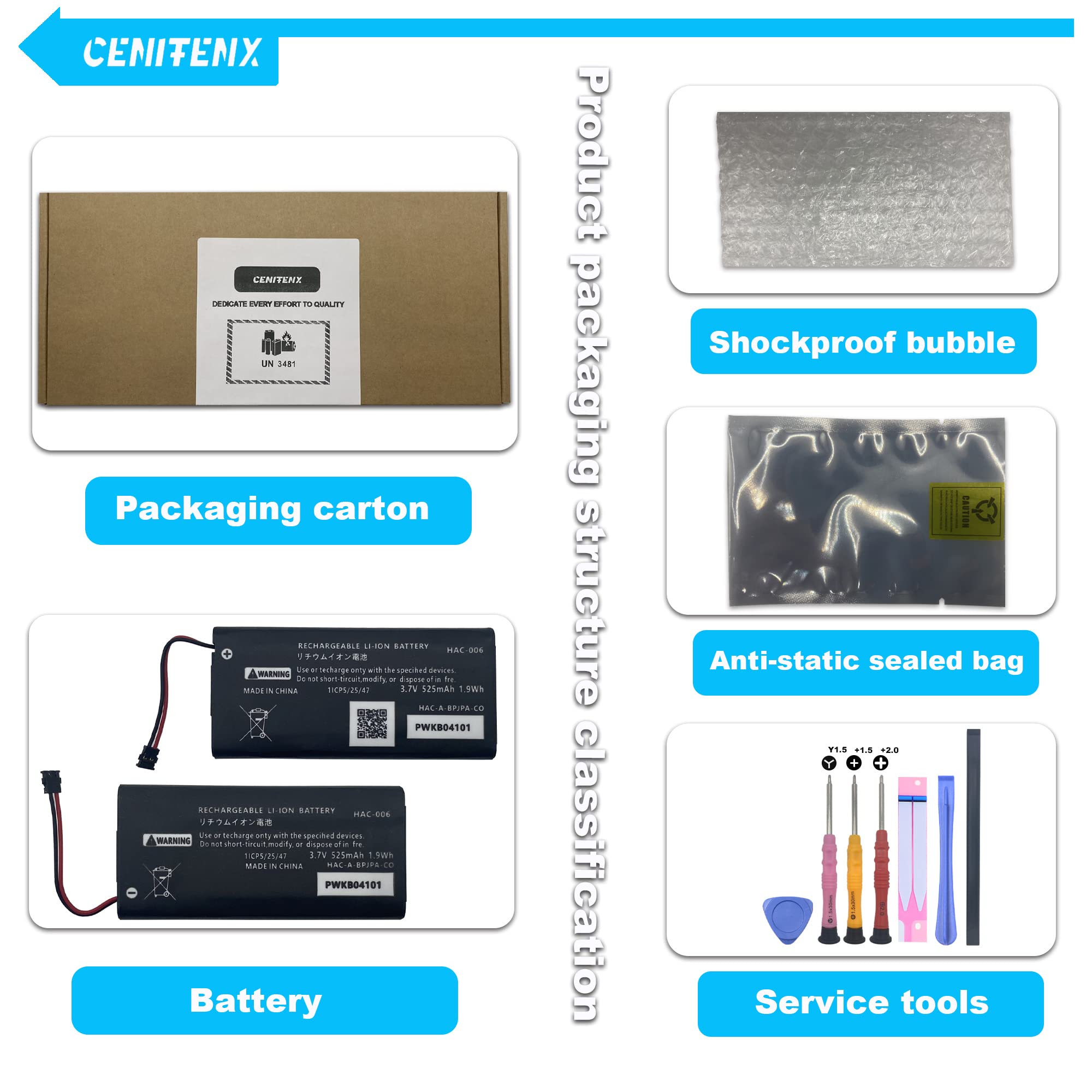 CENIFENX Switch Joycon Battery, 2PCS HAC-006 3.7V 525mAh Replacement for Nintendo Switch Joy-Con Controller Battery, HAC-015, HAC-016 Joy-Con Controller with Repair Tool Kit