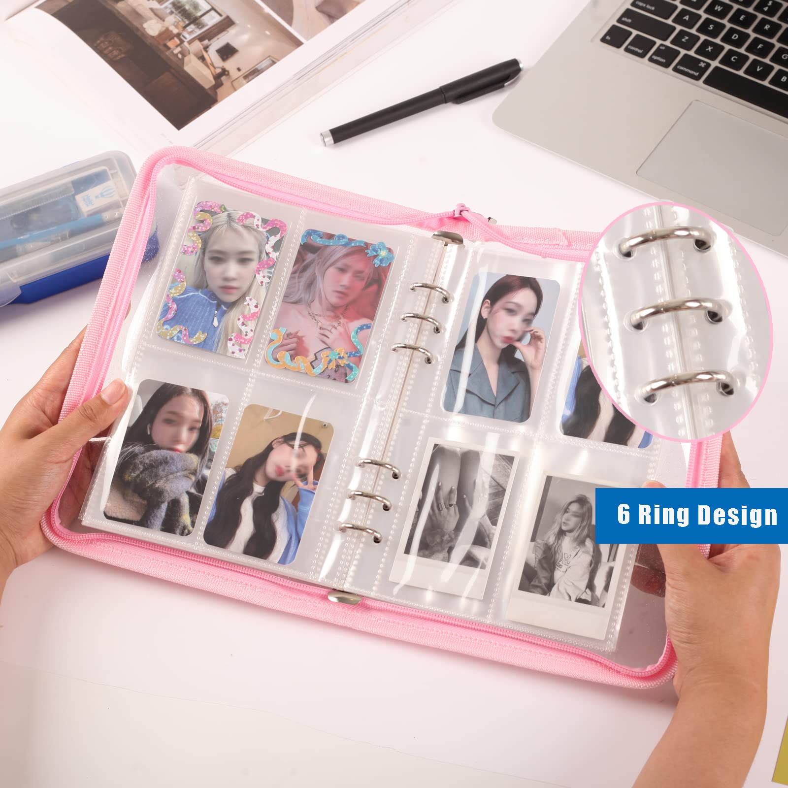 4-Pocket Kpop Photocard Holder Book with 30Pcs Inner Pages 6 Ring A5 Photocard Binder Card Collect Book Hold Up to 240 Cards (Pink)