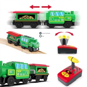 HANQIAN Battery Operated Locomotive Train Set for Wooden Train Track Electric Remote Control Magnetic Train Vehicles Toy Powerful Engine Light Train Cars Toy Sets for Kids Toddler Gift