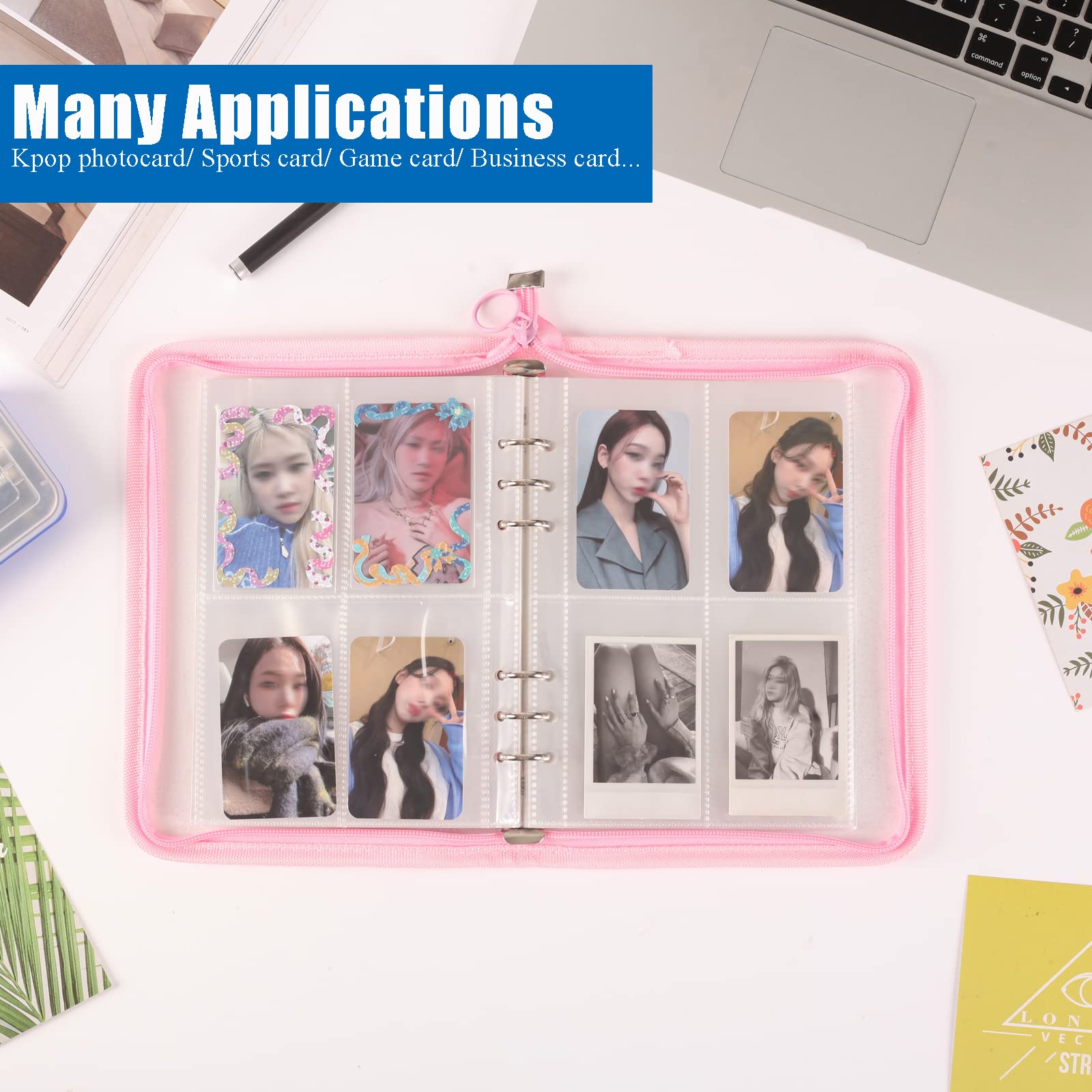 4-Pocket Kpop Photocard Holder Book with 30Pcs Inner Pages 6 Ring A5 Photocard Binder Card Collect Book Hold Up to 240 Cards (Pink)