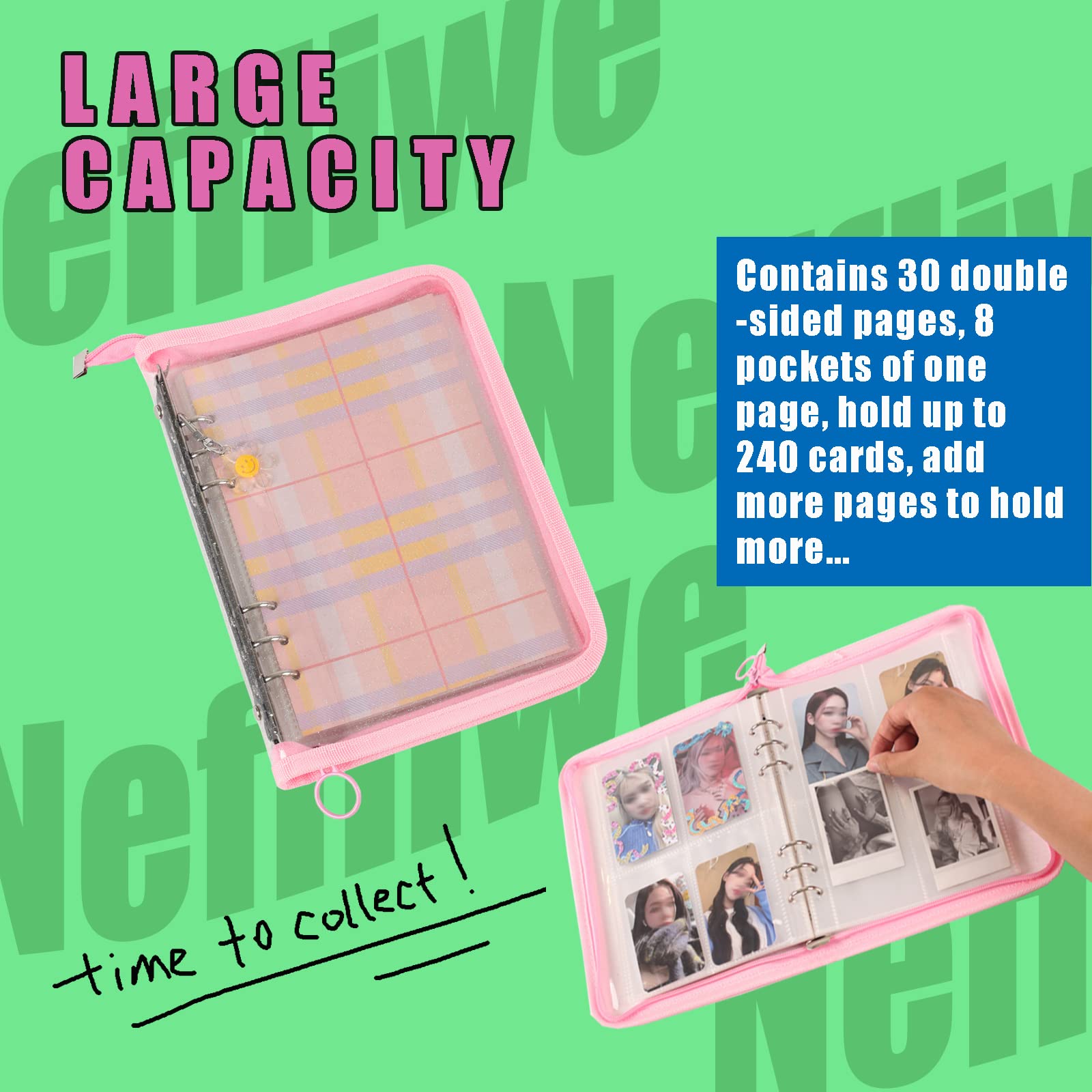 4-Pocket Kpop Photocard Holder Book with 30Pcs Inner Pages 6 Ring A5 Photocard Binder Card Collect Book Hold Up to 240 Cards (Pink)