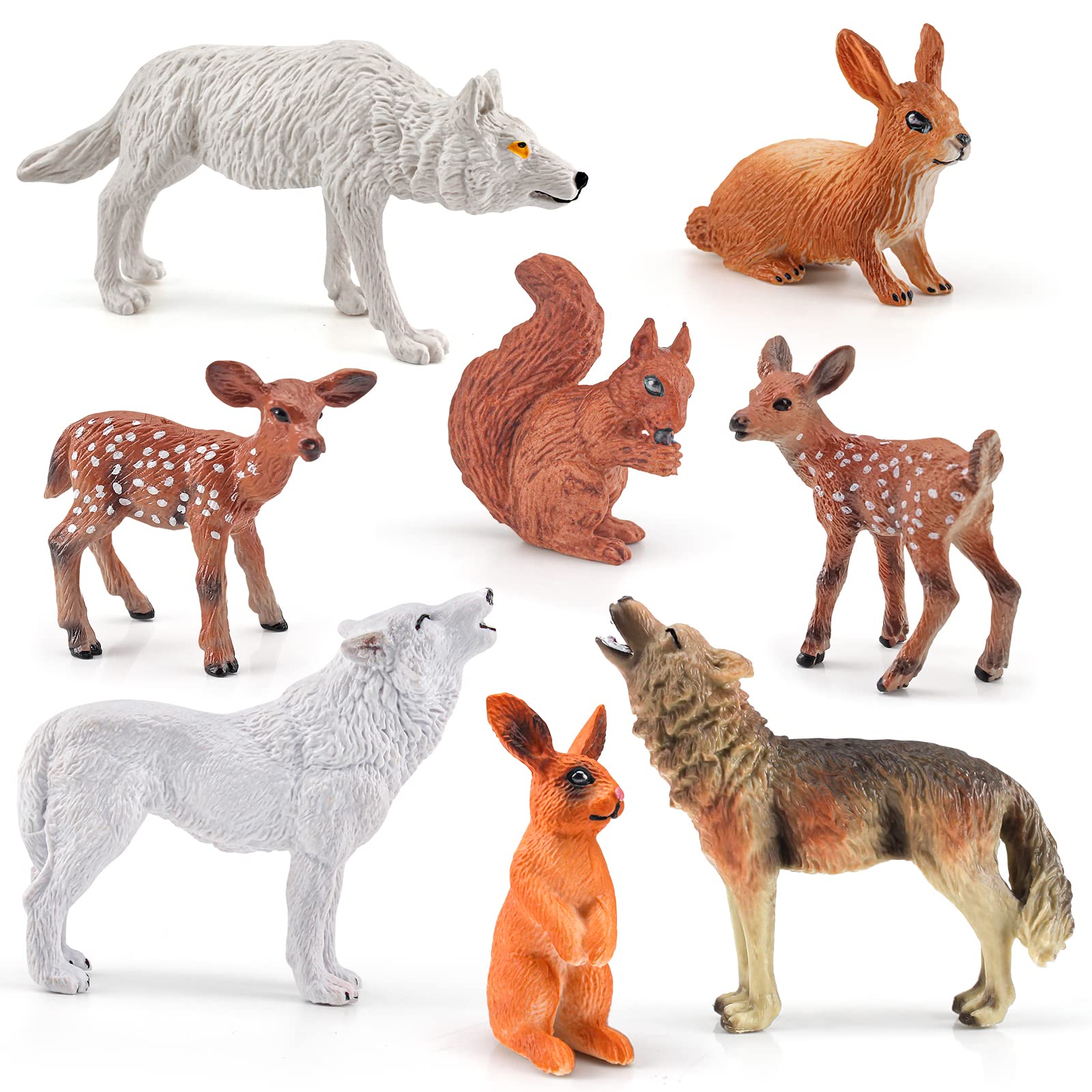 Woodland Animal Figurines Sets 8 PCS Wolf Rabbit Squirrel White-Tailed Deer Model Toys Decorations Preschool Educational for Boys Girls Kids