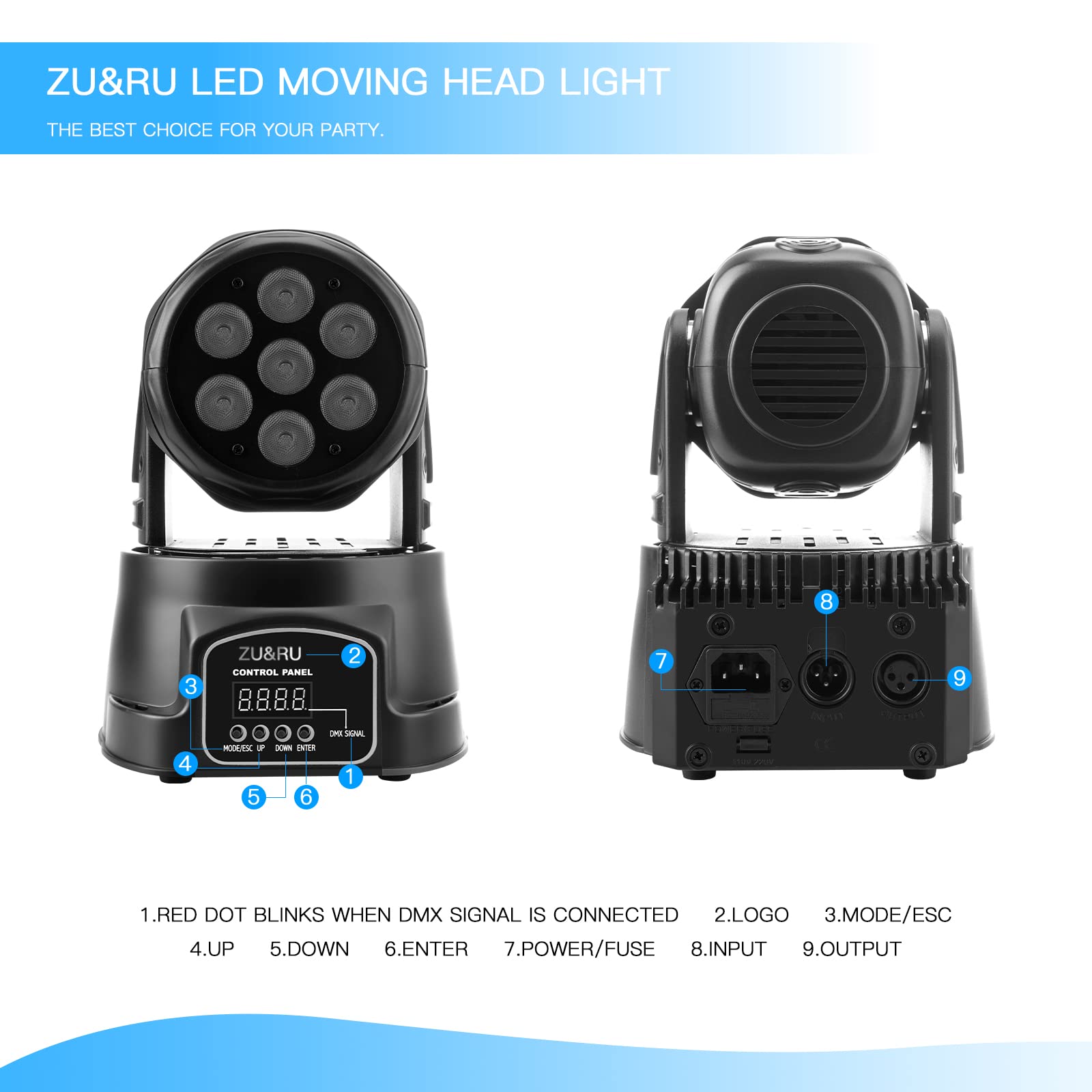 DJ Lights Moving Head, 70W RGBW Mini Stage Lights Moving Head, DMX DJ Disco Lights Sound Activated, Mini Moving Heads Wash Light for Christmas, Parties, Club, Concert, Wedding, Disco Events