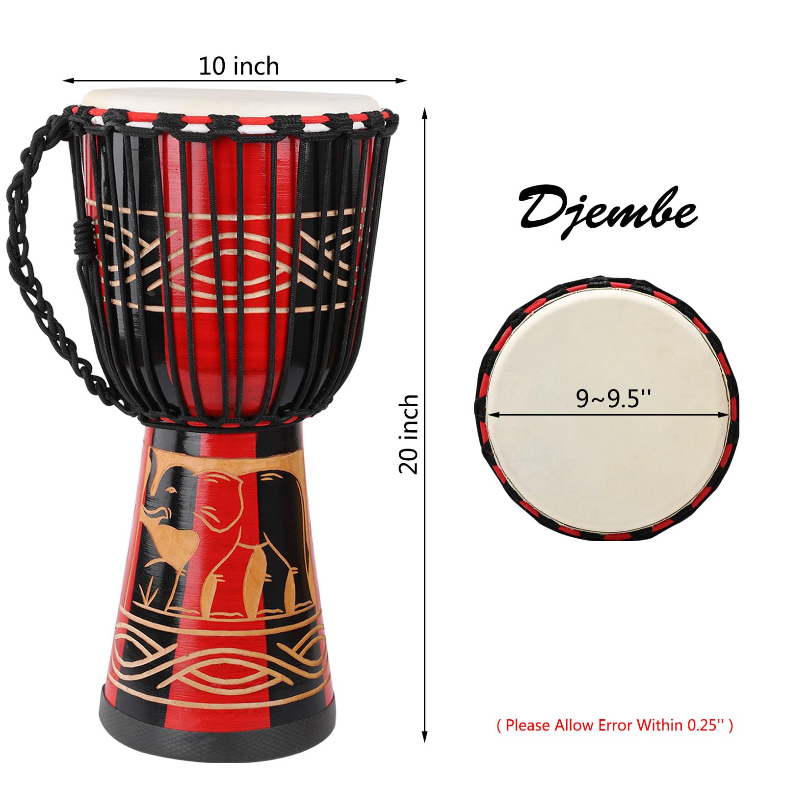 AIMEIS Djembe,10" African Drum Carved of Mahogany Goatskin Hand Drums for Adults Beginner (Red)