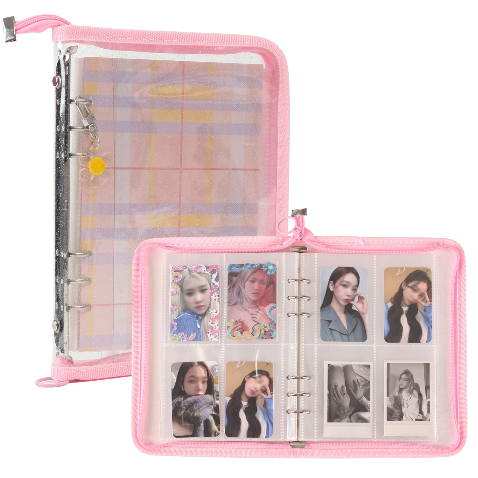 4-Pocket Kpop Photocard Holder Book with 30Pcs Inner Pages 6 Ring A5 Photocard Binder Card Collect Book Hold Up to 240 Cards (Pink)