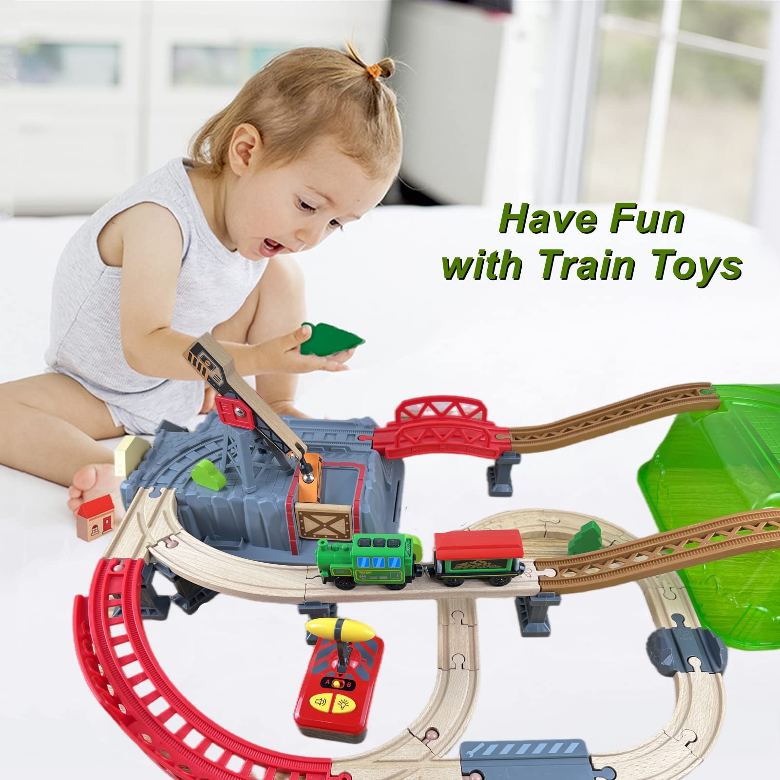 HANQIAN Battery Operated Locomotive Train Set for Wooden Train Track Electric Remote Control Magnetic Train Vehicles Toy Powerful Engine Light Train Cars Toy Sets for Kids Toddler Gift