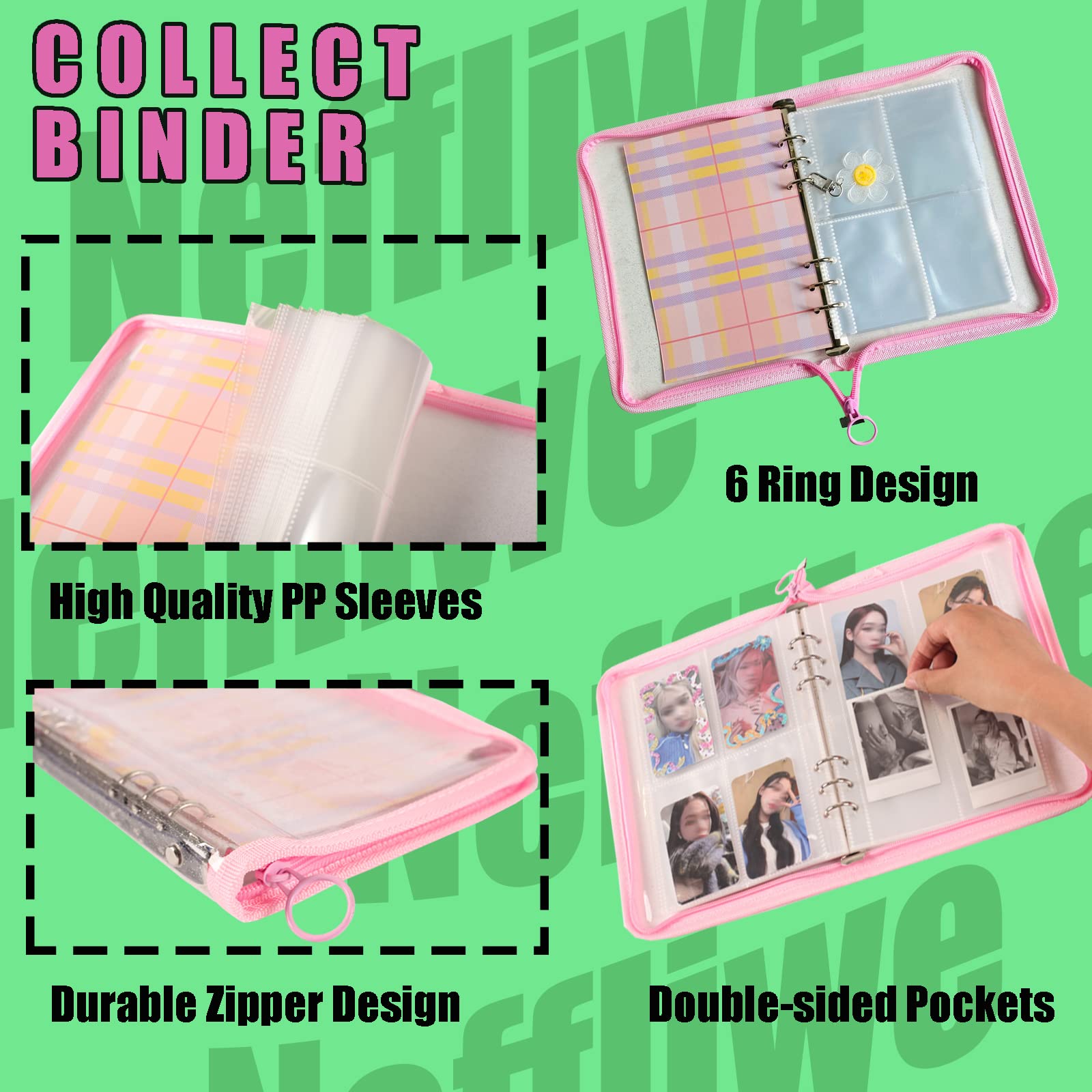 4-Pocket Kpop Photocard Holder Book with 30Pcs Inner Pages 6 Ring A5 Photocard Binder Card Collect Book Hold Up to 240 Cards (Pink)