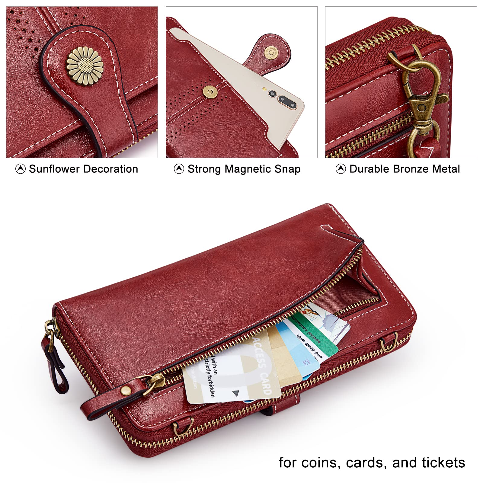 S-ZONE Genuine Leather Handbag Bundle with RFID Blocking Women Corssbody Cellphone Purse Wallet