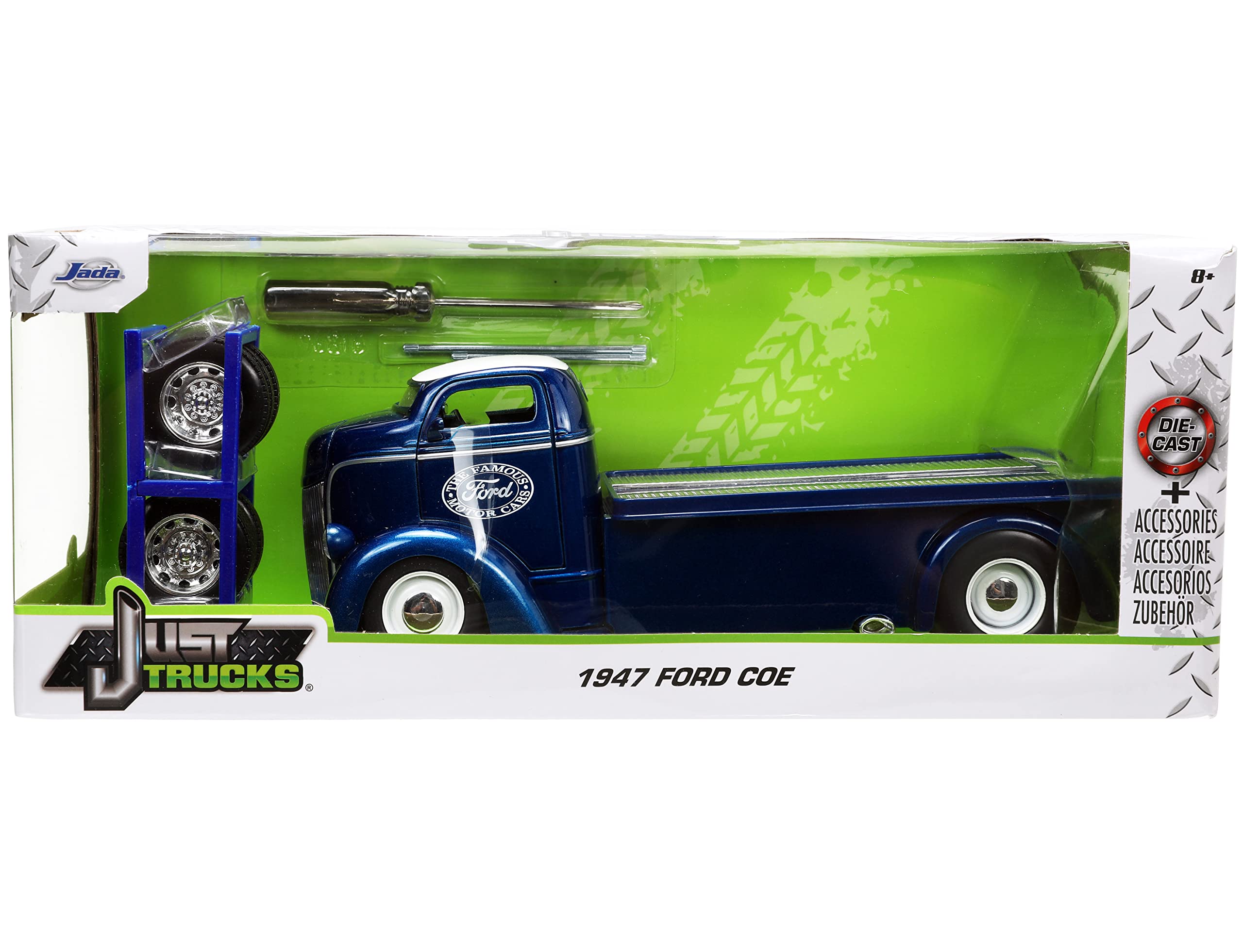 Jada Toys Just Trucks 1:24 1947 Ford COE Flatbed Die-cast Car Dark Blue/White with Tire Rack, Toys for Kids and Adults