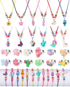 36 pcs kids jewelry for girls adjustable woven friendship bracelets necklaces and rings set with animal mermaid unicorn butterfly flower pendants for toddler pretend play dress up party favor(fresh)