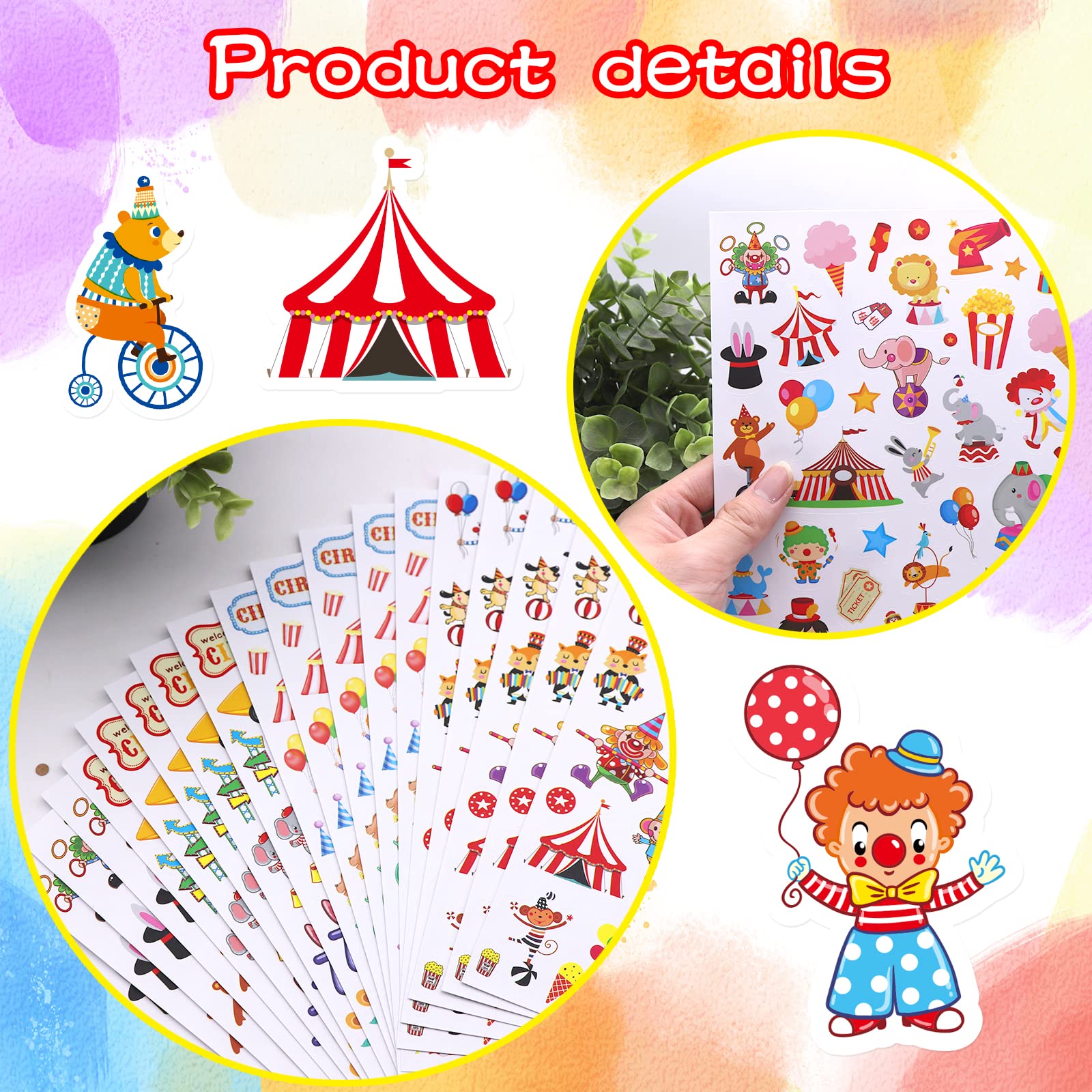 Cute Carnival Circus Stickers 820 Count Party Goodie Gifts Bags Decor Red White Elephant Clown Adhesive Stickers for Girls Boys Birthday Invitations Art Craft Decorations School Game Class Rewards