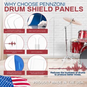 PENNZONI Drum Shield 5ft w/Living Hinges, Comes w/ 7 Drum Panels & Living Hinges, Premium Clear Acrylic Panels, Drum Screen