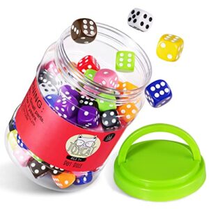 JoyCat 16mm 6 Sided Dice Set Standard Game Dice Kids for Board Games Dice Games Math Dice for Classroom with Storage Bucket 10 Colors (50, Opaque)