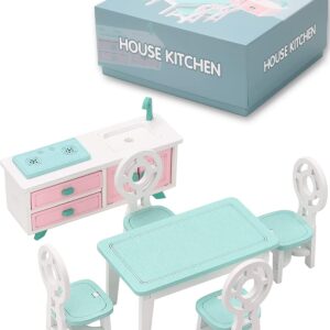 Wooden Dollhouse Furniture Set for Kids Colorful Pretend Play Toys with Wood Miniature Dining Room Doll House Accessories for Girls Boys Role Play Birthday Children's Day (PTD01)