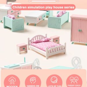 Wooden Dollhouse Furniture Set for Kids Colorful Pretend Play Toys with Wood Miniature Dining Room Doll House Accessories for Girls Boys Role Play Birthday Children's Day (PTD01)