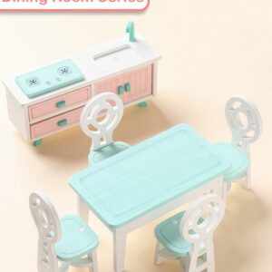 Wooden Dollhouse Furniture Set for Kids Colorful Pretend Play Toys with Wood Miniature Dining Room Doll House Accessories for Girls Boys Role Play Birthday Children's Day (PTD01)