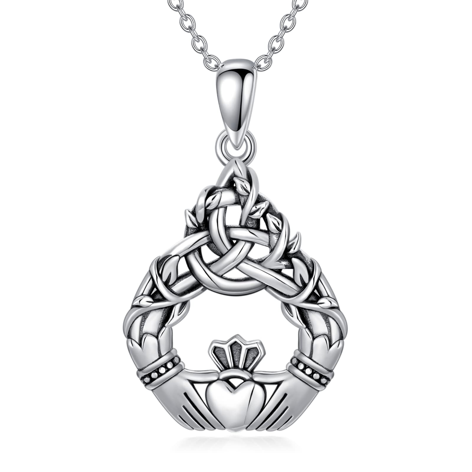 POTOPYY Celtic Claddagh Tree of Life Necklace 925 Sterling Silver Claddagh Celtic Pendant Necklace Tree of Life Necklace Jewelry for Women Men Mom Christmas Anniversary Mothers Day, 18+2 Inch