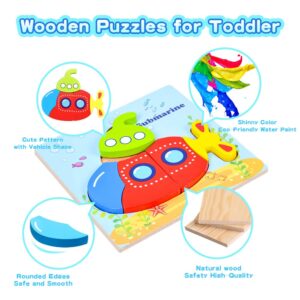 Toddler Toys Wooden Puzzles for Toddlers 1 2 3 Year Old Boys Girls Montessori Toys 6 Packs Vehicle Shape Jigsaw Puzzles Sensory Toys for Toddlers 1-3 Baby Infant Educational Learning STEM Toys Gifts