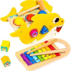 Pidoko Kids Baby Shark Toys for 1 Year Old - Montessori Learning, Hammering & Pounding Toy - Birthday Gifts for Toddlers Boys & Girls - Xylophone & Shape Sorter Blocks