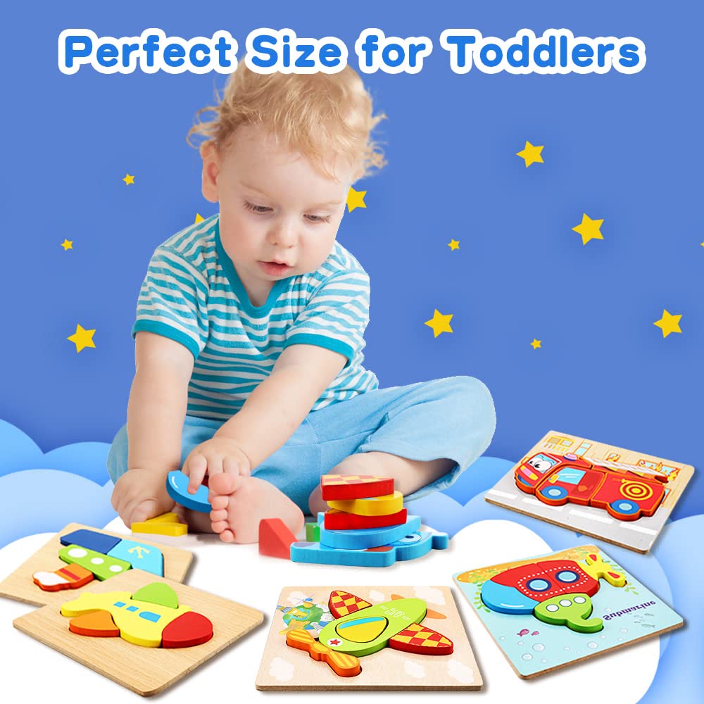 Toddler Toys Wooden Puzzles for Toddlers 1 2 3 Year Old Boys Girls Montessori Toys 6 Packs Vehicle Shape Jigsaw Puzzles Sensory Toys for Toddlers 1-3 Baby Infant Educational Learning STEM Toys Gifts