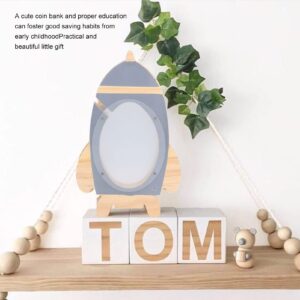 BuyWeek Piggy Bank, Wooden Spaceship Hollow Money Bank Educational Kids Saving Box for Kids Boys Girls Gift Gray