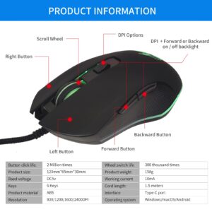 IULONEE USB Type C Wired Mouse,Silent Computer Mouse Optical Gaming Mice Ergonomic 7 LED Backlight 2400 DPI 6 Buttons for Office Home Windows PC,Laptop,Desktop,Notebook,MacBook (Type-C Black)