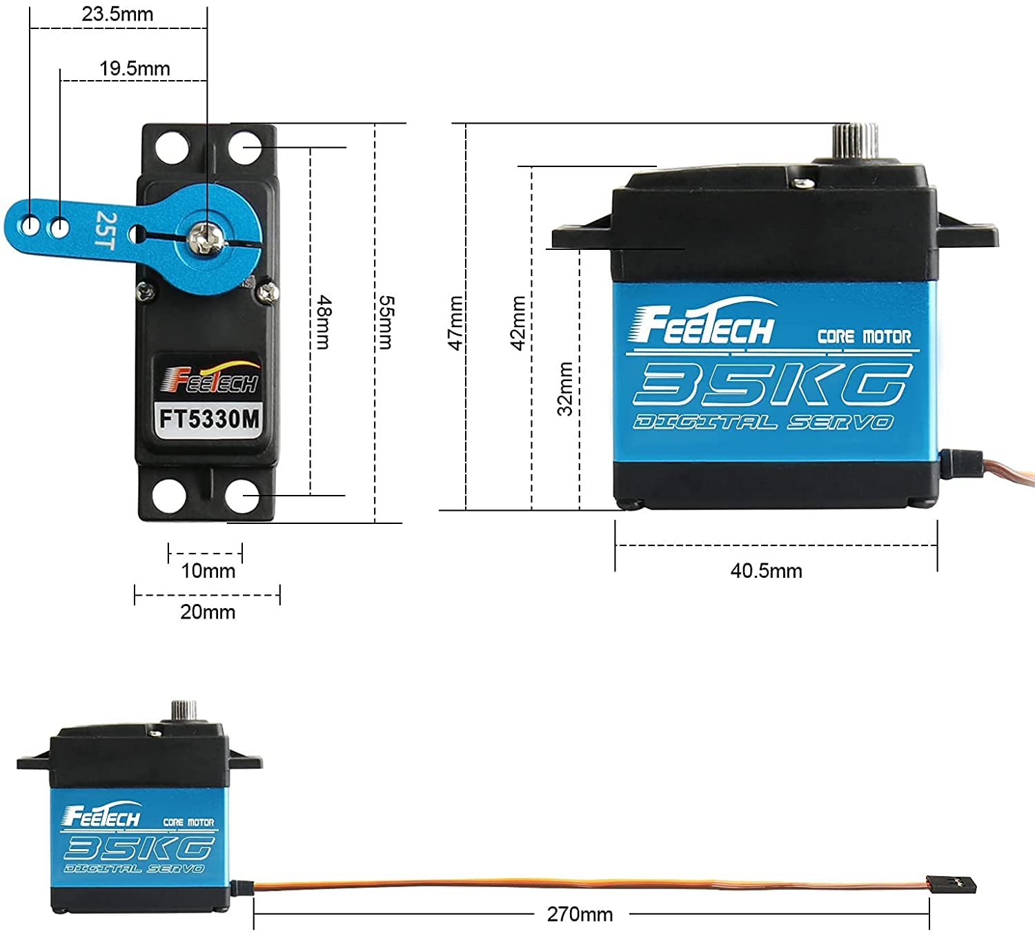 35KG High Torque Coreless Motor Servo Waterproof Metal Gear Digital and Stainless Steel Gear Servo with 25T Servo Arm for Robotic DIY,RC Car Angle 180 FT5330M