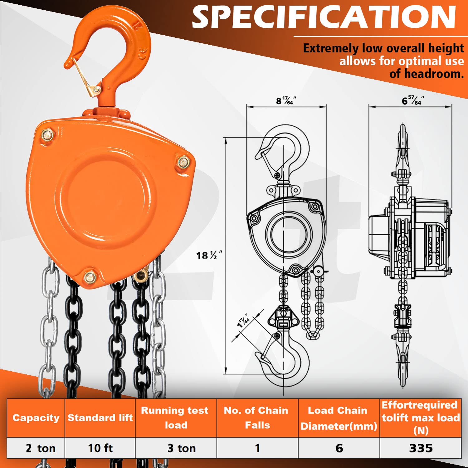 YATOINTO Chain Hoist 2 Ton(4400Lbs) Capacity 10FT Manual Hand Lift Steel Chain Block Hoist with 2 Heavy Duty Hooks Industrial Grade Steel Structures for Garages Automotive Machinery (2 Ton (4400lb))