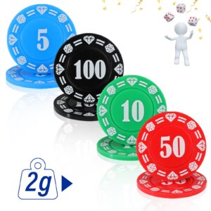 Jerify 200 Pcs Poker Chip Set Numbers Printed Plastic Poker Chips with Denominations Blue Green Red Black Game Chips Clear Poker Chip Holder Poker Chip Tray for Adults Home Play Party Game, 2 Boxes