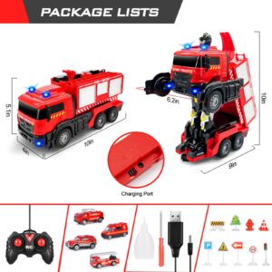 Remote Control Fire Truck With Led Sounds,RC Fire Truck Car Toy With 3pcs Small Firetrucks 10pcs Roadblock Models, One Button Press Spraying Water Transformer Fire Truck Toys For Kids Toddlers Boys