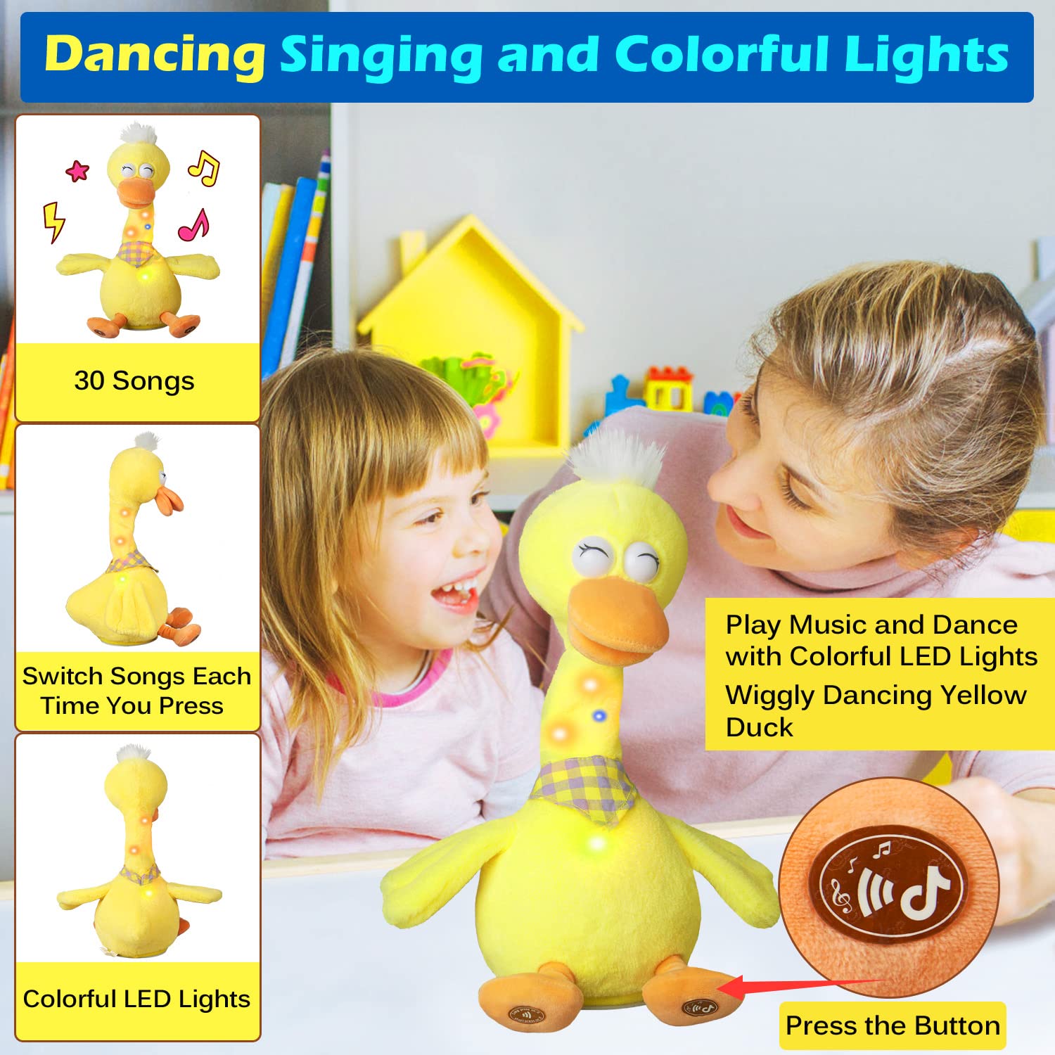 13" Talking Dancing Duck, Repeating What You Say Mimicking Recording Plush Baby Toy Musical English Song Singing Talking Glowing Animated Twisting Gift of Lighting Up Toy for Boy Kid