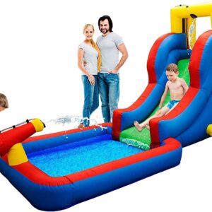 PicassoTiles Inflatable Bouncer House KC106 + KC108, Jump Slide Playhouse w/ 50 Pit Balls, 3 Sides Mesh Protection, Water Slide Park w/Pool Area, Climbing Wall, Shower Head Sprays Mount, Water Cannon