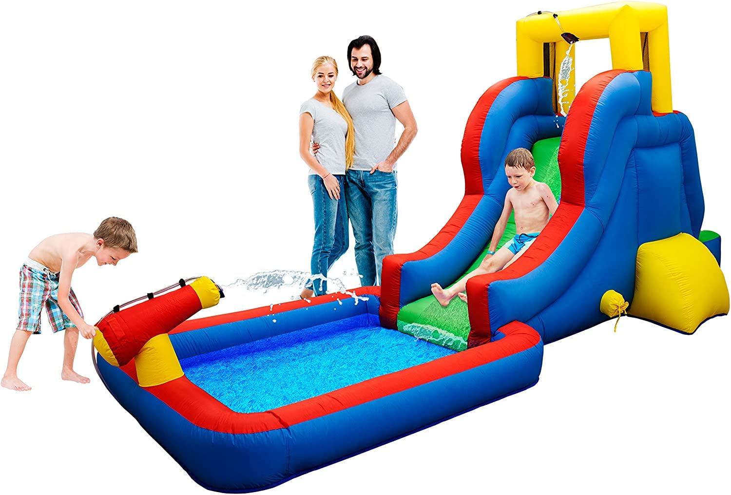 PicassoTiles Inflatable Bouncer House KC106 + KC108, Jump Slide Playhouse w/ 50 Pit Balls, 3 Sides Mesh Protection, Water Slide Park w/Pool Area, Climbing Wall, Shower Head Sprays Mount, Water Cannon