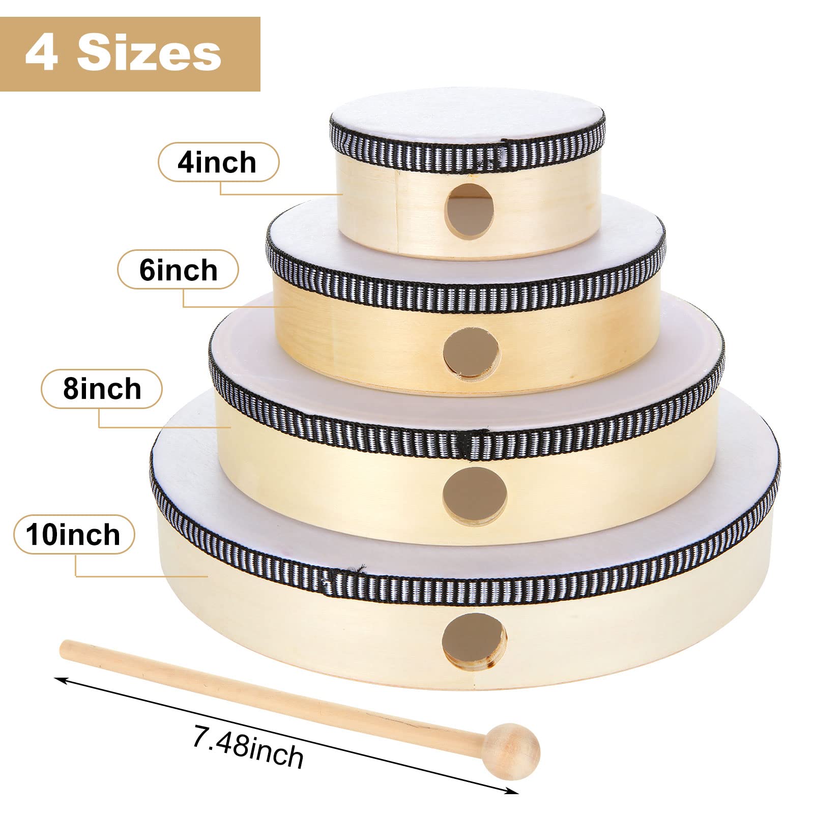 10 Inch 8 Inch 6 Inch 4 Inch Hand Drum Percussion Musical Instrument Wood Frame Drum with Drum Stick