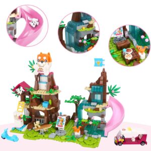 BRICK STORY Friends Jungle Tree House Pet Building Blocks, Doggy Daycare Playground with Slide, Animal Rescue Set Includes 2 Puppy and 2 Cat Toys, Gift for Kids Aged 6-12, 632 Pieces